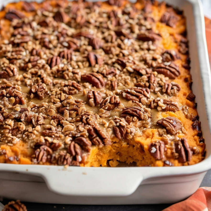 Southern Style Sweet Potato Casserole with a golden brown pecan topping, fresh out of the oven, ready to be served