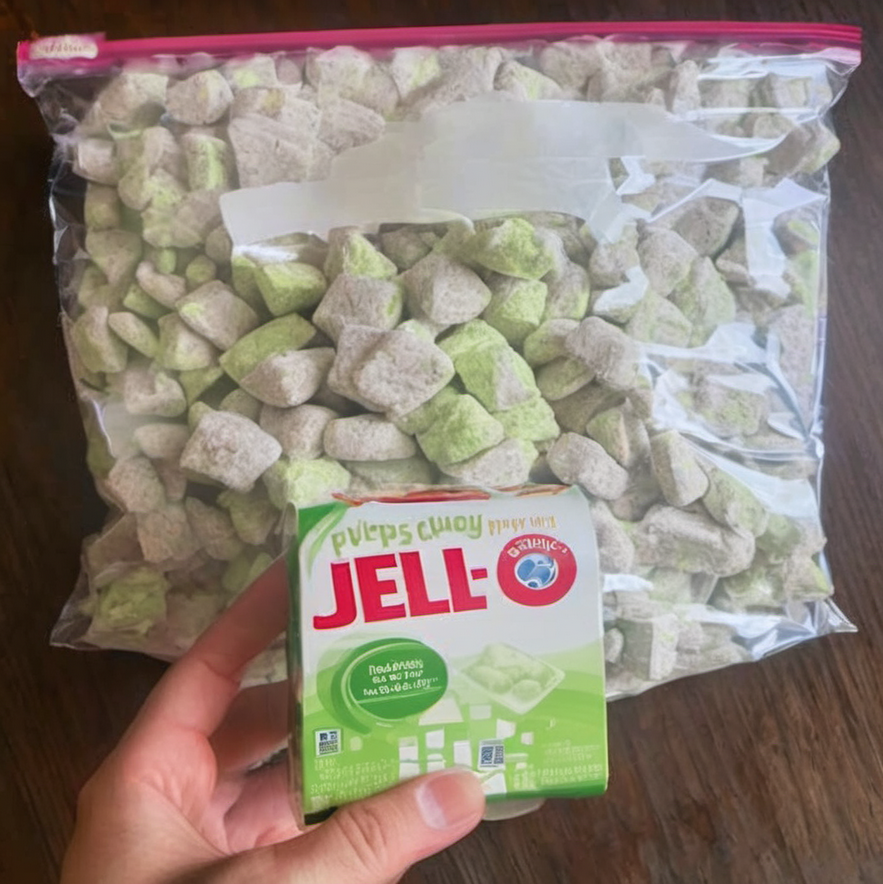 Pistachio Puppy Chow in a bowl, showcasing the green pistachio flavor with a dusting of powdered sugar