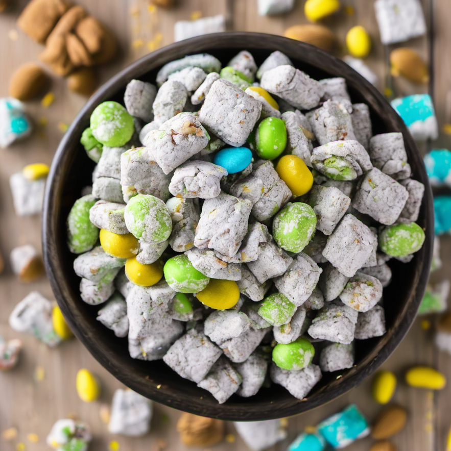 Pistachio Puppy Chow in a bowl, showcasing the green pistachio flavor with a dusting of powdered sugar