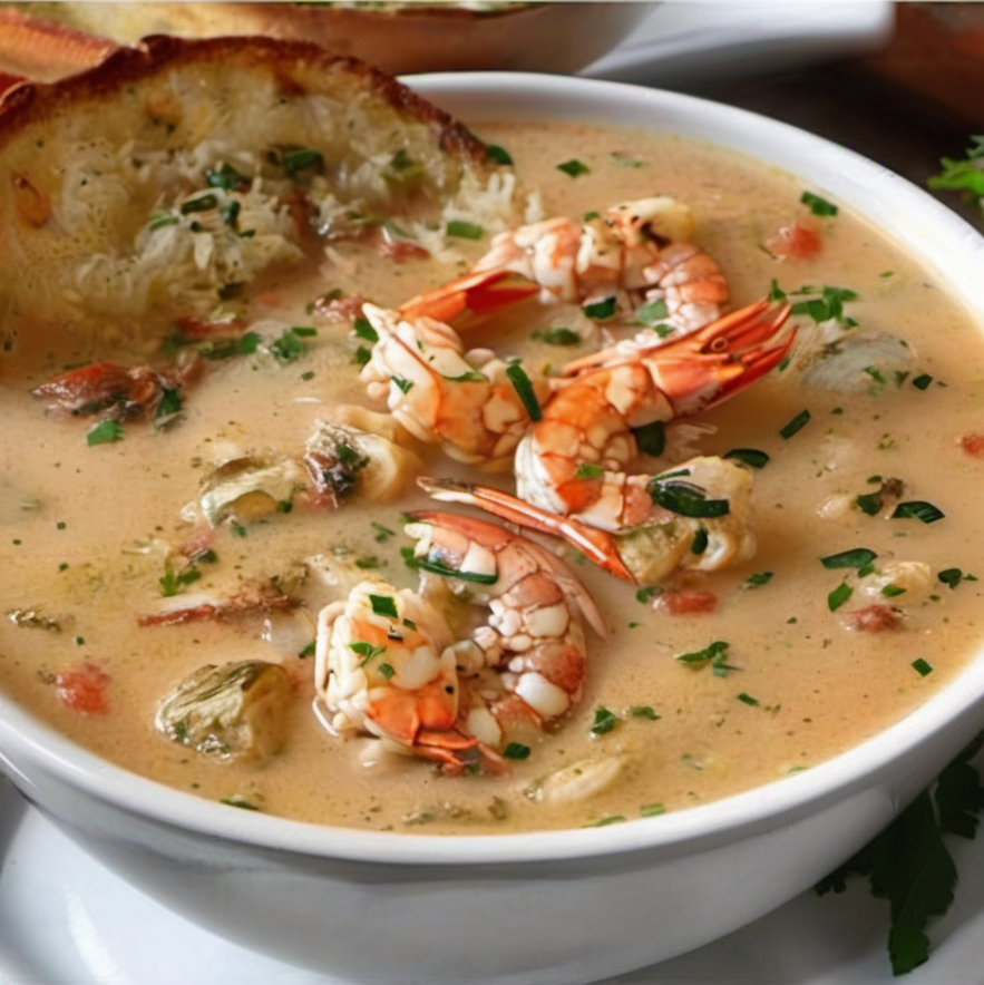 Delicious bowl of homemade Crab and Shrimp Seafood Bisque garnished with fresh herbs, served hot with crusty bread on the side