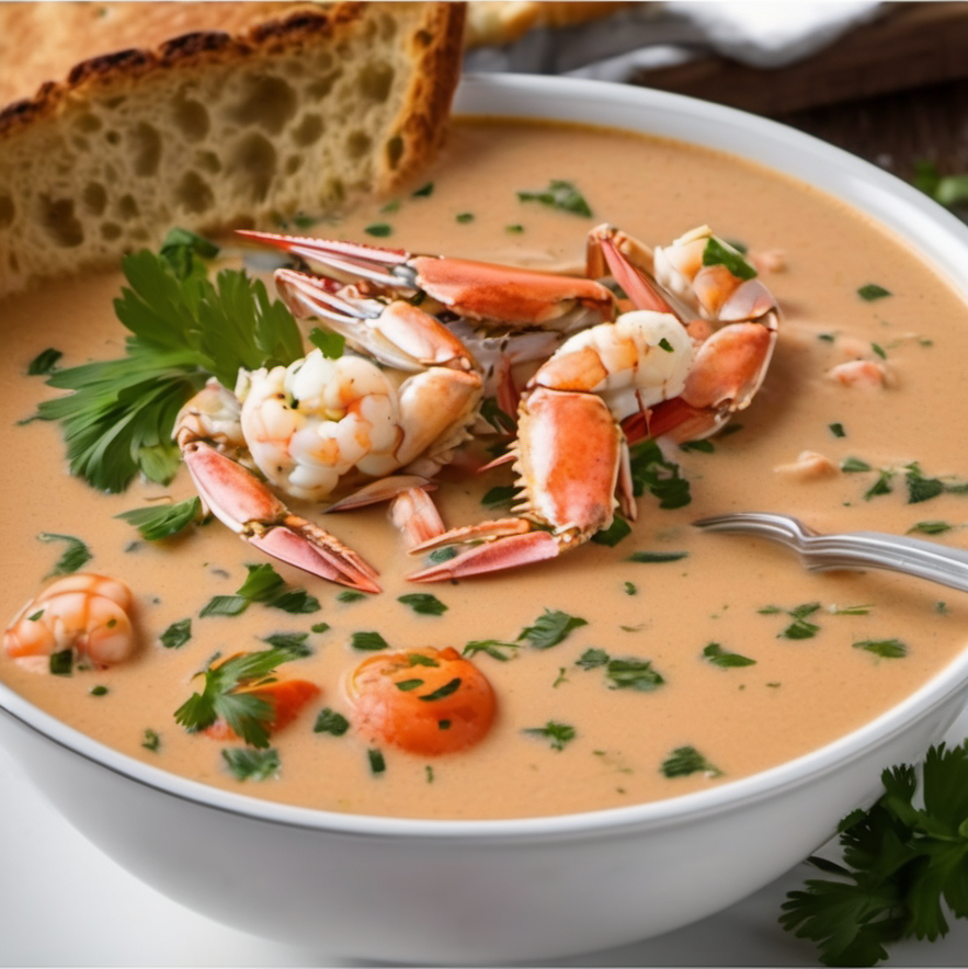 Delicious bowl of homemade Crab and Shrimp Seafood Bisque garnished with fresh herbs, served hot with crusty bread on the side