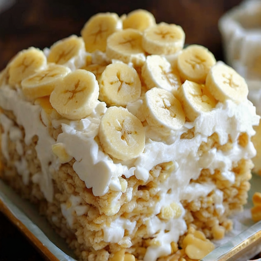 Delicious Banana Pudding Rice Krispie Treats with a creamy banana layer and a crispy Rice Krispie base, topped with whipped cream