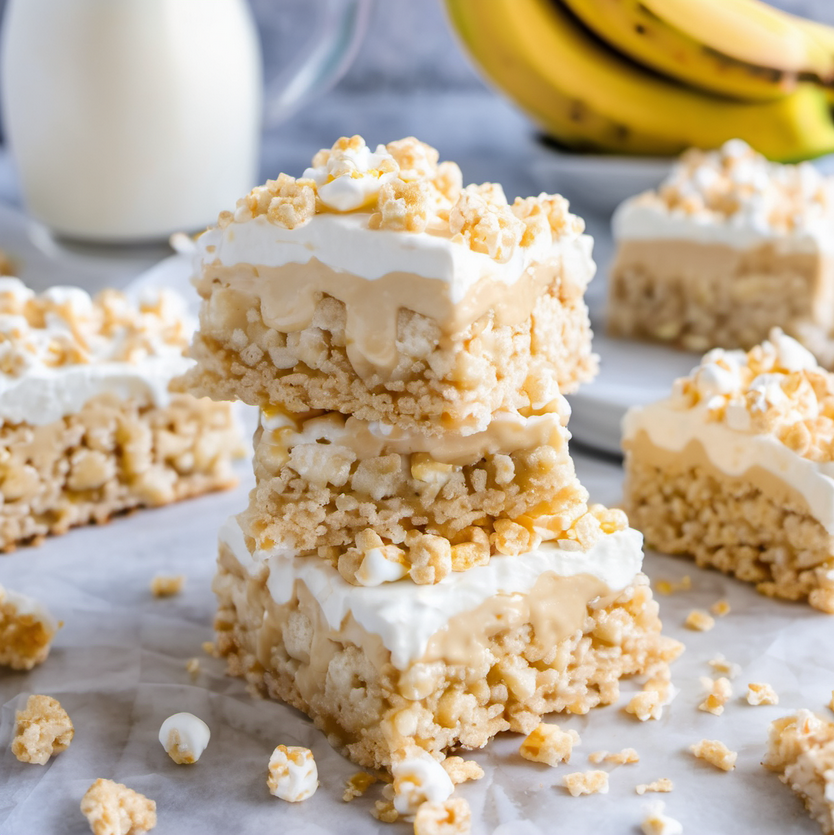 Delicious Banana Pudding Rice Krispie Treats with a creamy banana layer and a crispy Rice Krispie base, topped with whipped cream