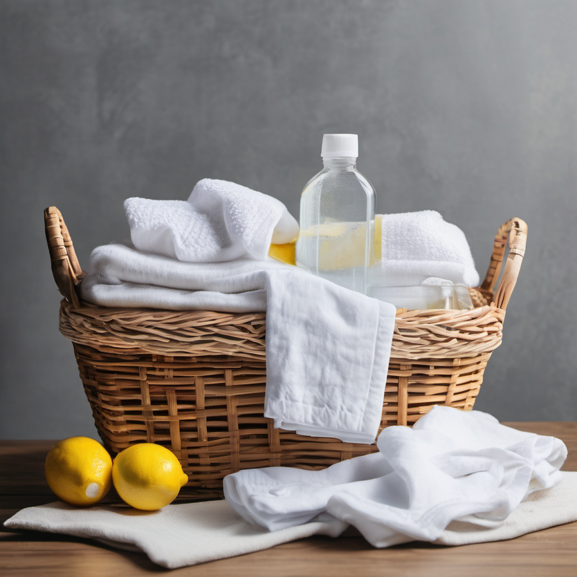 A basket of freshly laundered white clothes with lemons and a bottle of hydrogen peroxide, representing natural whitening solutions for laundry