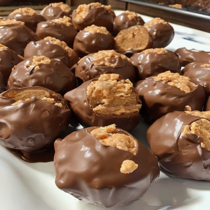 Butterfinger Balls arranged on a plate, coated in chocolate with a sprinkle of crushed Butterfingers and festive sprinkles on top