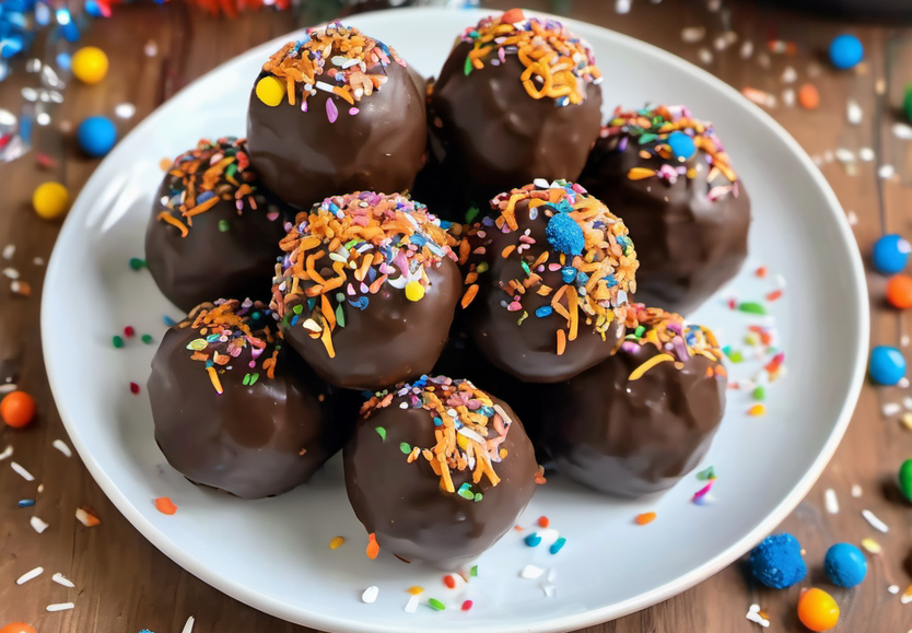 Butterfinger Balls arranged on a plate, coated in chocolate with a sprinkle of crushed Butterfingers and festive sprinkles on top