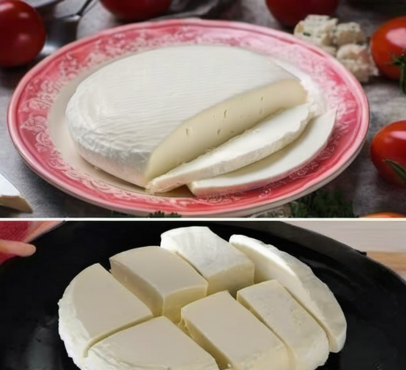 Freshly made homemade cream cheese on a wooden cutting board, garnished with a sprig of fresh herbs and lemon slices, highlighting the creamy texture and rich color