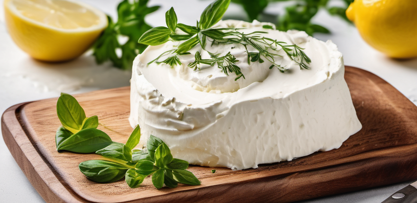 Freshly made homemade cream cheese on a wooden cutting board, garnished with a sprig of fresh herbs and lemon slices, highlighting the creamy texture and rich color