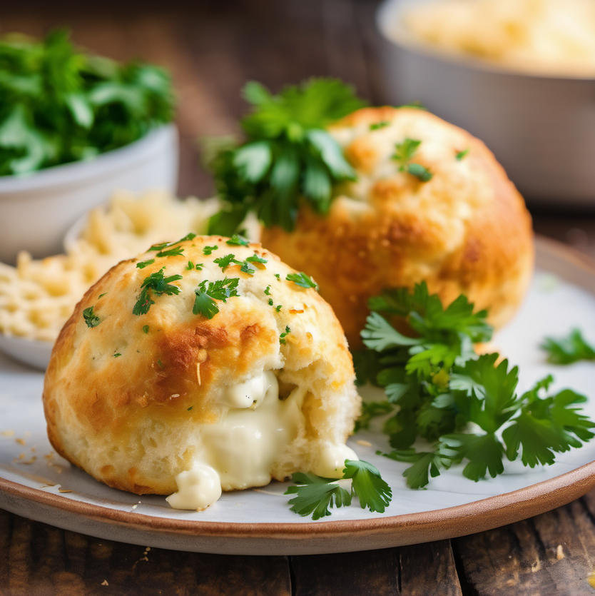 A plate of golden-brown Southern Mozzarella Biscuit Bombs with melted cheese oozing out, garnished with fresh parsley, capturing the warm and inviting essence of homemade Southern cooking