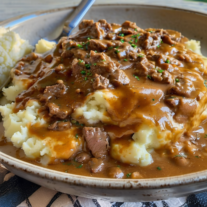 A hearty plate of creamy mashed potatoes topped with savory beef and gravy, garnished with parsley, capturing the essence of comfort food