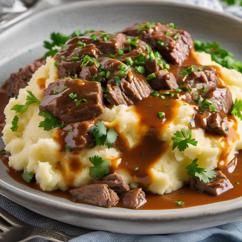 A hearty plate of creamy mashed potatoes topped with savory beef and gravy, garnished with parsley, capturing the essence of comfort food