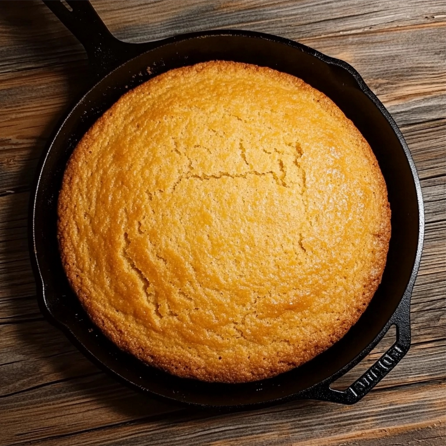 Golden-brown skillet cornbread topped with fresh herbs, a healthy twist on a family favorite using gluten-free flour and olive oil for added nutritional benefits