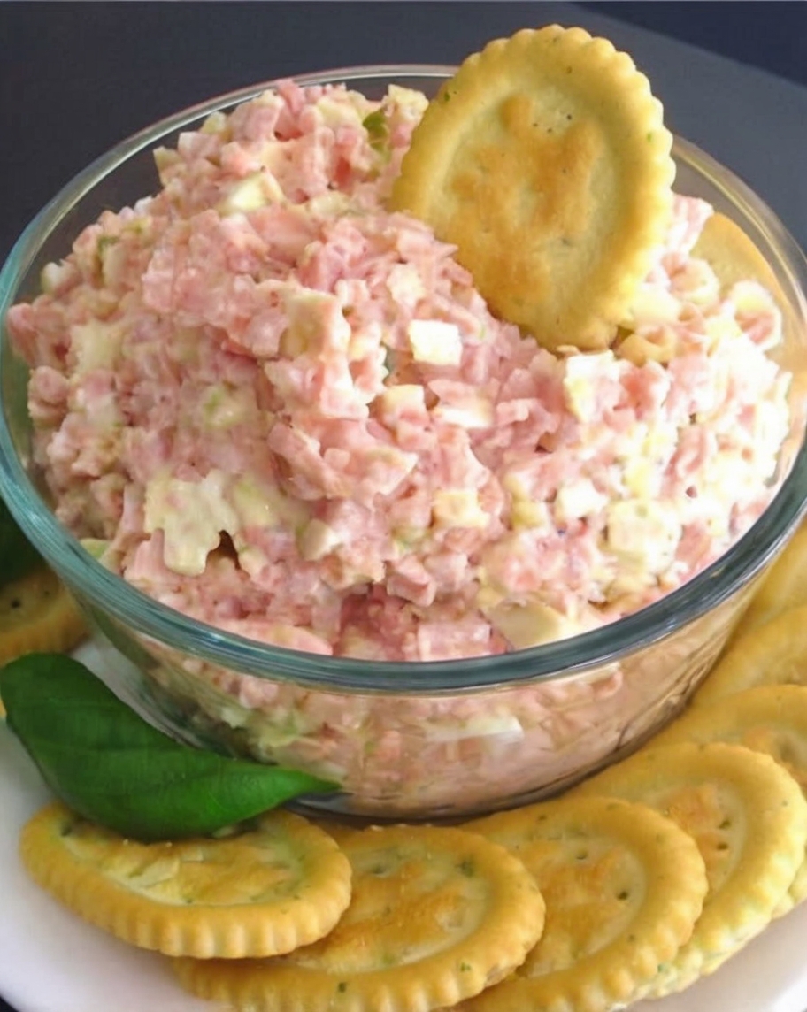 Close-up of a bowl of Deviled Ham Salad, showcasing its creamy and flavorful texture