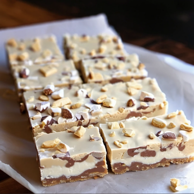 Luxurious marshmallow and white chocolate mixture for gourmet nougat bars, perfect for elegant parties