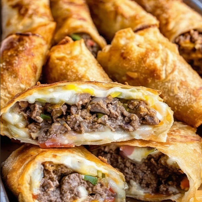 Preparing gourmet Philly cheesesteak filling for luxurious egg rolls, perfect for upscale game day catering