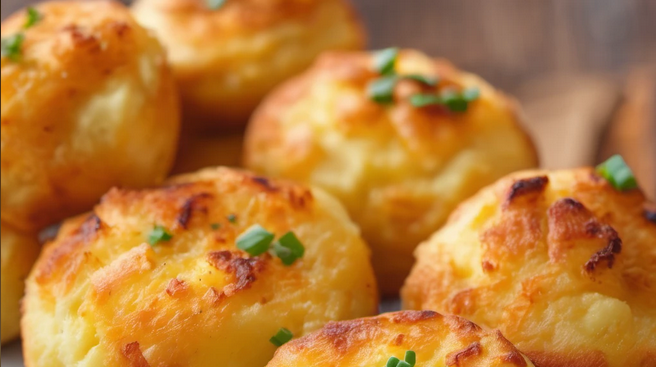 Golden-brown mashed potato puffs fresh out of the oven, perfect for upscale snacking