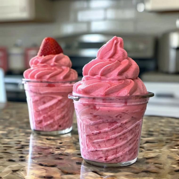 Blending frozen strawberries and pineapple juice for a refreshing homemade Strawberry Dole Whip