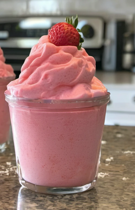 Blending frozen strawberries and pineapple juice for a refreshing homemade Strawberry Dole Whip