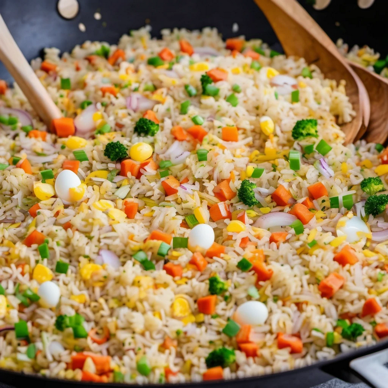 Preparing homemade fried rice with eggs, carrots, and onions in a large wok