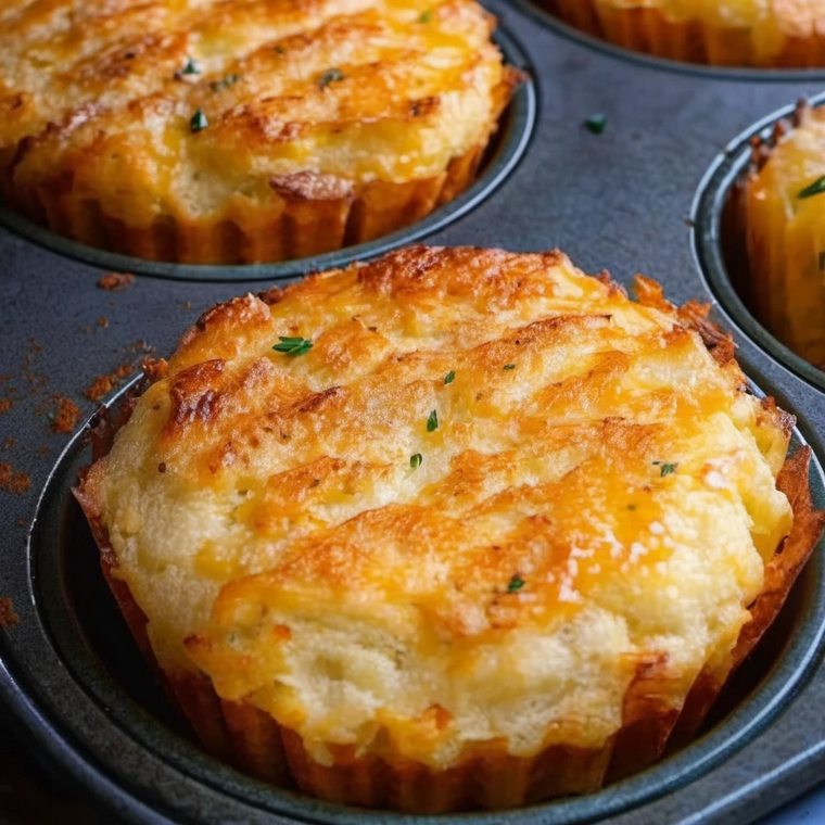 Mixing mashed potatoes with cheese and herbs to create savory muffin batter, perfect for a quick snack