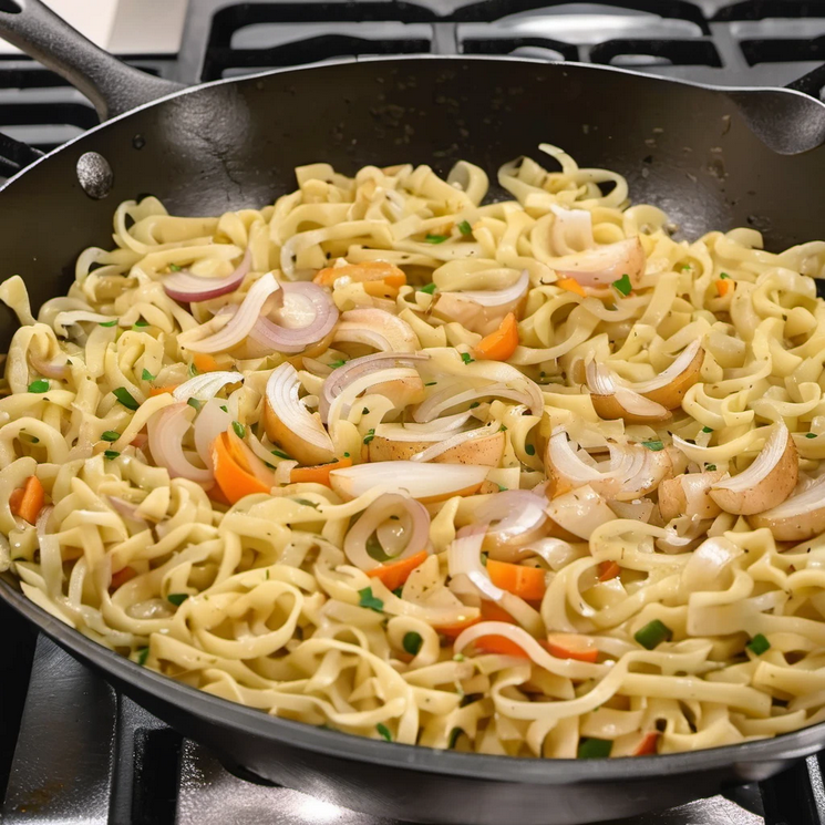 Sautéing onions and garlic in a skillet for a one-pan chicken and noodles recipe