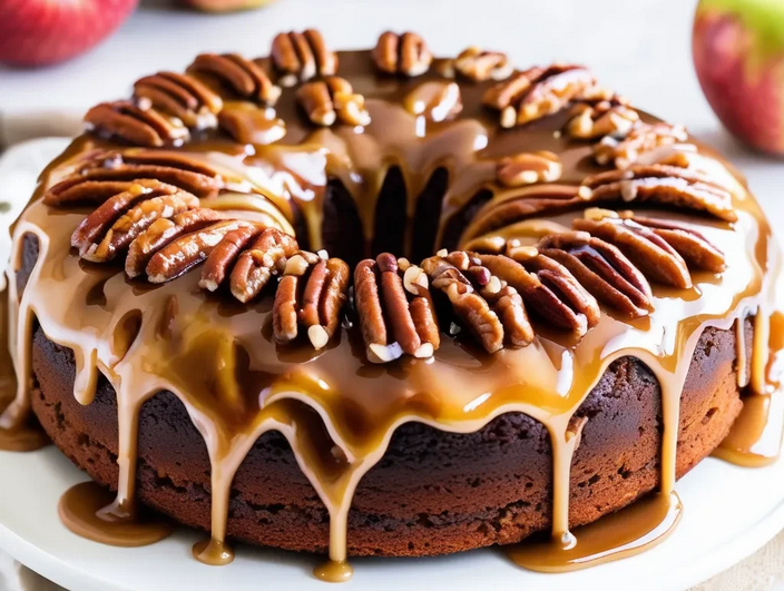 Drizzling warm caramel glaze over a freshly baked Apple Pecan Cake."