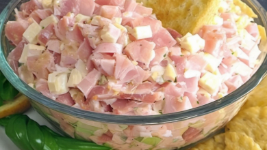 Close-up of a bowl of Deviled Ham Salad, showcasing its creamy and flavorful texture