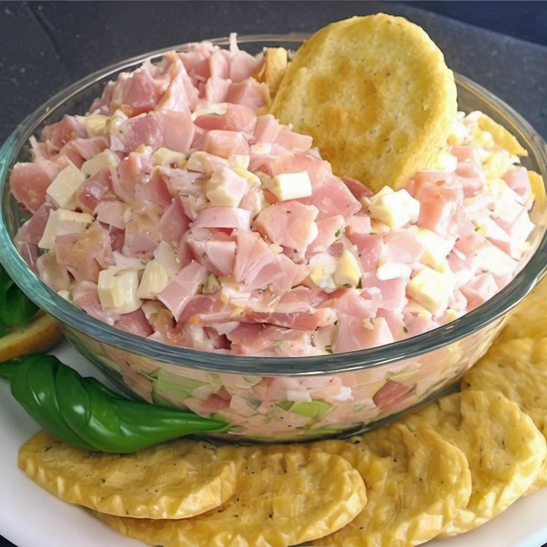 Close-up of a bowl of Deviled Ham Salad, showcasing its creamy and flavorful texture