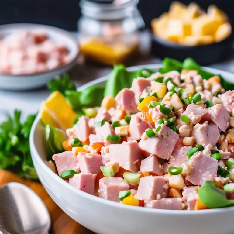 Close-up of a bowl of Deviled Ham Salad, showcasing its creamy and flavorful texture