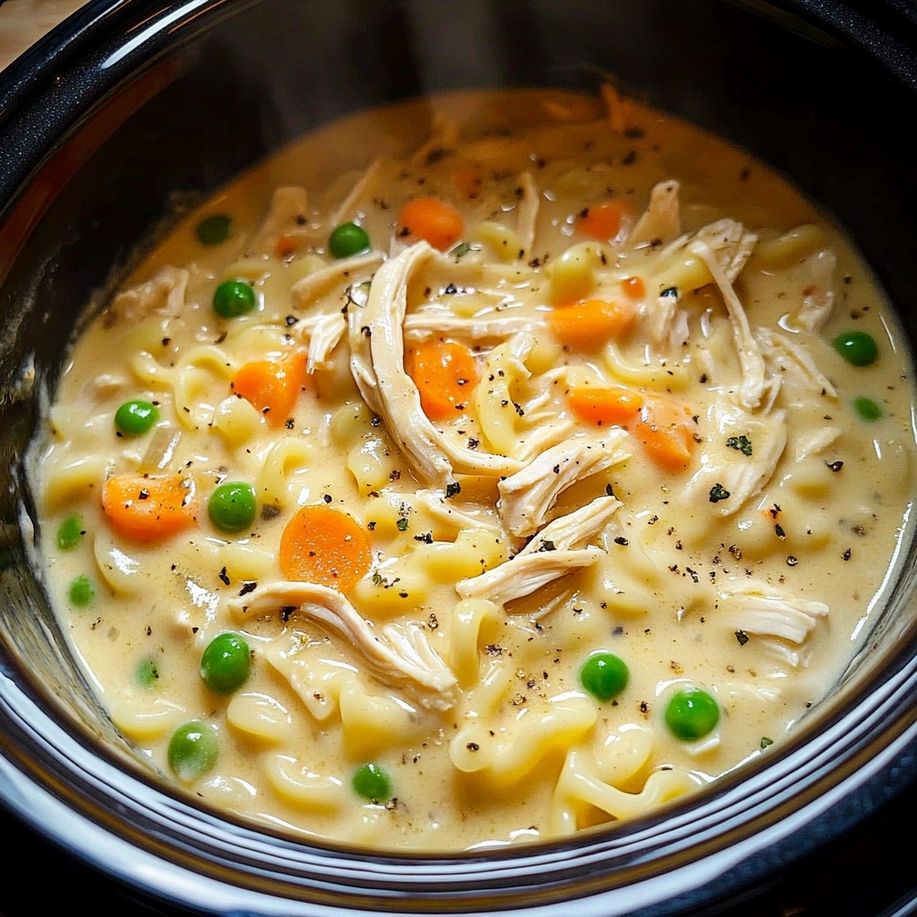 Creamy chicken and noodles served on a plate with vibrant peas and carrots – perfect for heart-healthy weeknight dinners