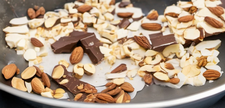 Toasting almonds and walnuts for a gourmet chocolate nougat recipe