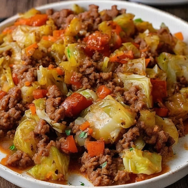 Browning ground beef in a cast-iron skillet for a savory cabbage and beef dish