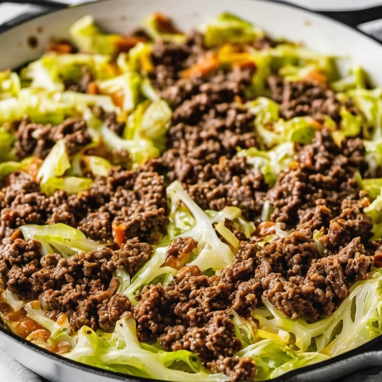 Browning ground beef in a cast-iron skillet for a savory cabbage and beef dish