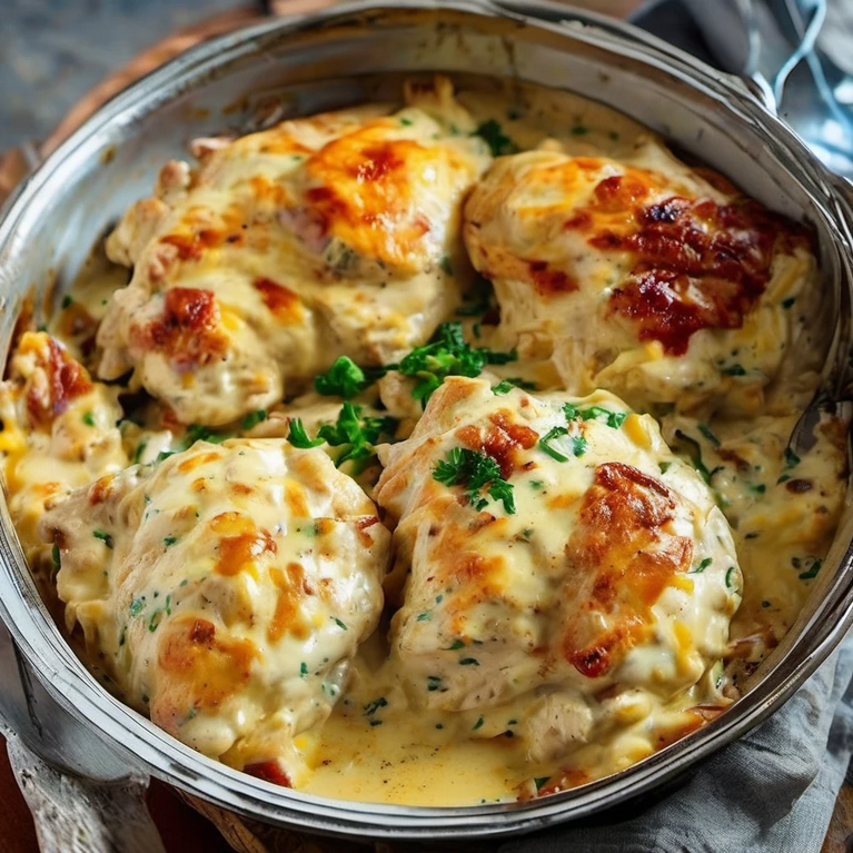 Juicy chicken breasts topped with a creamy cheese sauce, ready to bake