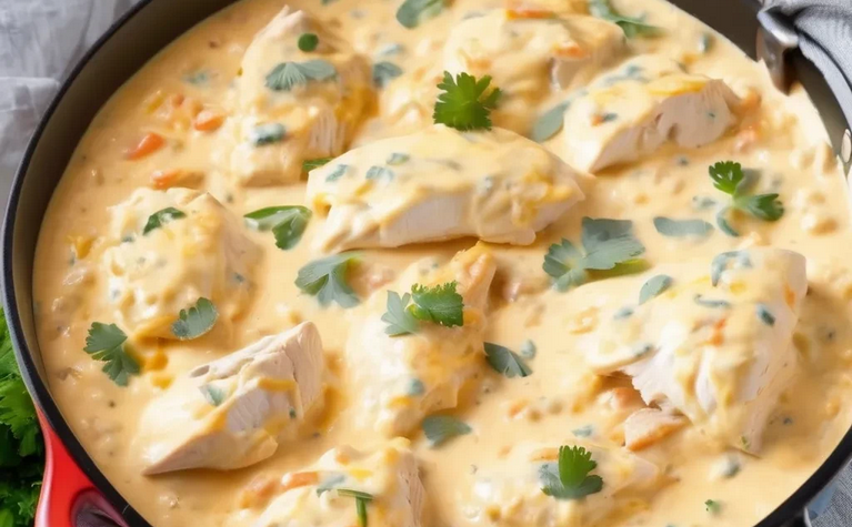 Juicy chicken breasts topped with a creamy cheese sauce, ready to bake