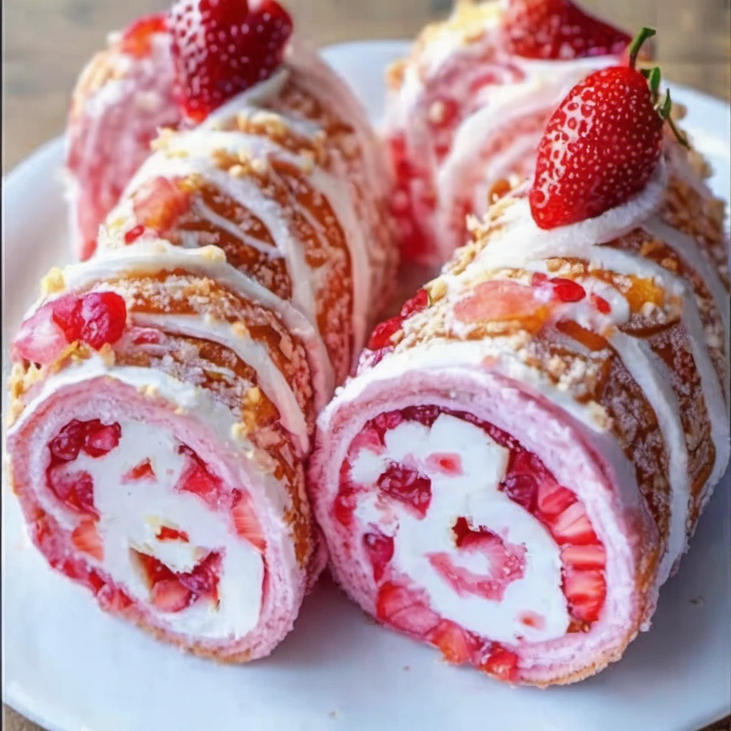 Preparing a rolled-up fruit pastry with fresh strawberries and cream filling