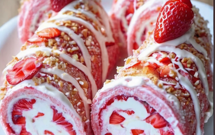 Preparing a rolled-up fruit pastry with fresh strawberries and cream filling