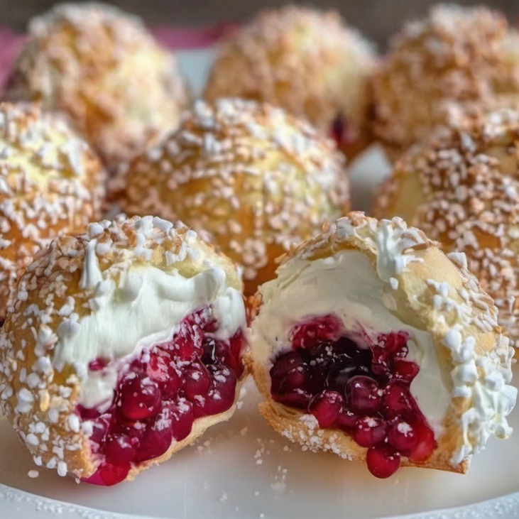 Crispy golden pastry balls filled with rich cream and fresh berries, ready to serve