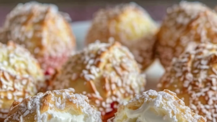 Crispy golden pastry balls filled with rich cream and fresh berries, ready to serve