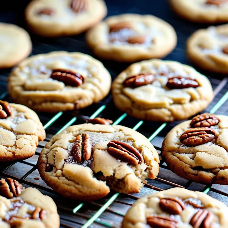 Cookie dough balls being pressed down with a sugar-covered glass for perfectly shaped pecan butter cookies