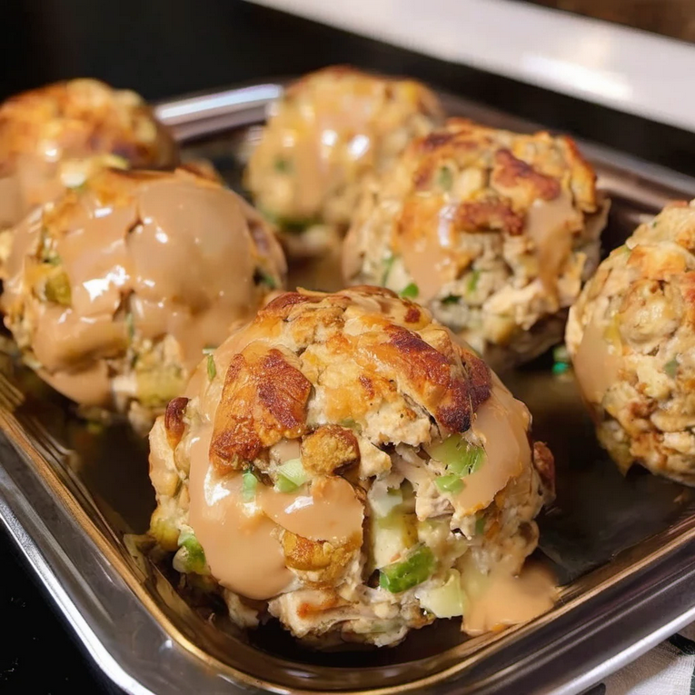 Mixing leftover stuffing and turkey to create delicious stuffing balls.