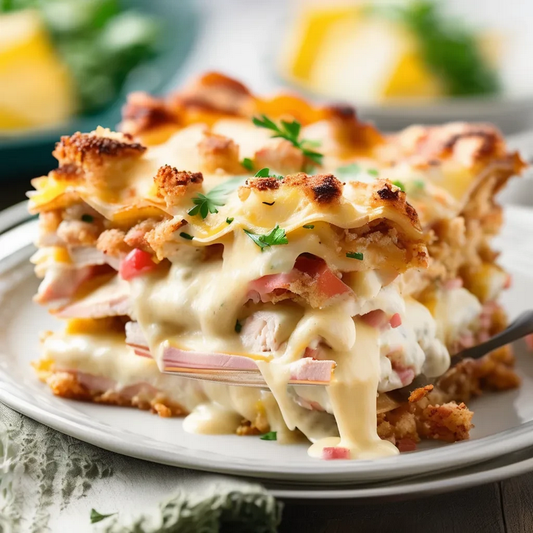 Layering ham and chicken for Chicken Cordon Bleu Lasagna in a baking dish