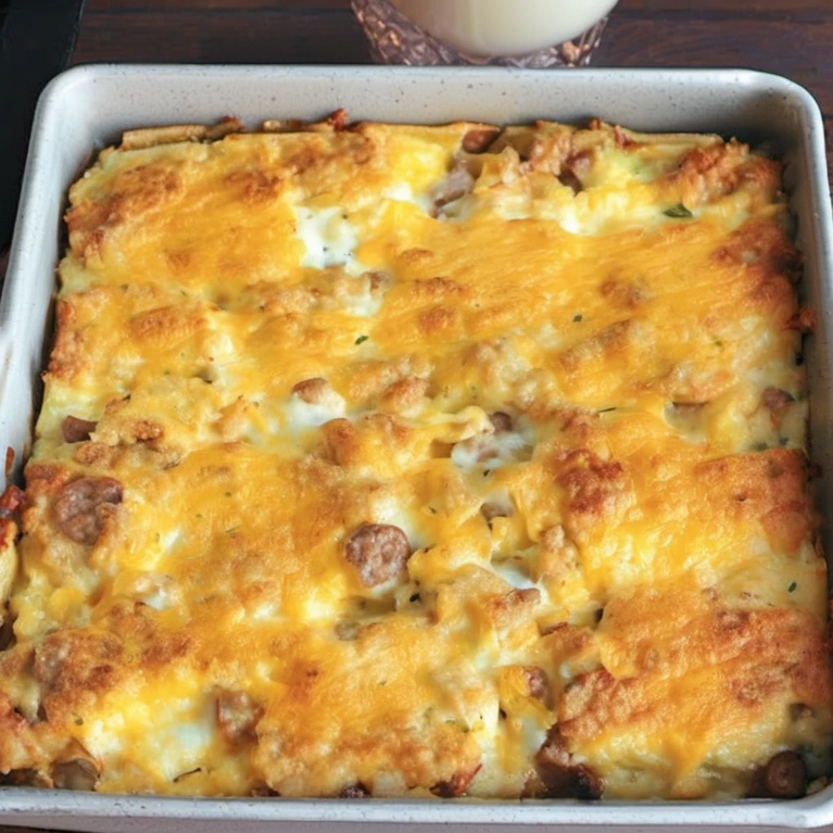 Sausage and Potato Breakfast Casserole fresh out of the oven with golden-brown edges and melted cheese.