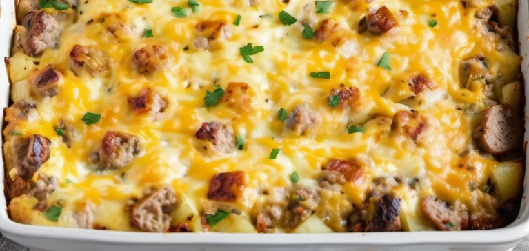 Sausage and Potato Breakfast Casserole fresh out of the oven with golden-brown edges and melted cheese.