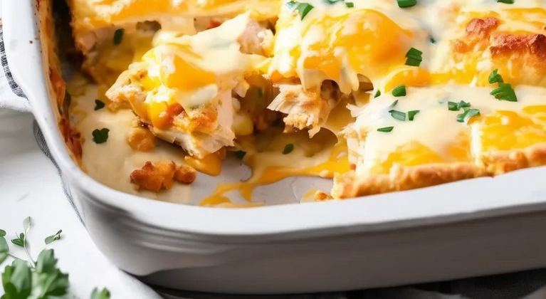 Cheesy Chicken Biscuit Casserole ready to be served, with crispy edges and gooey melted cheese