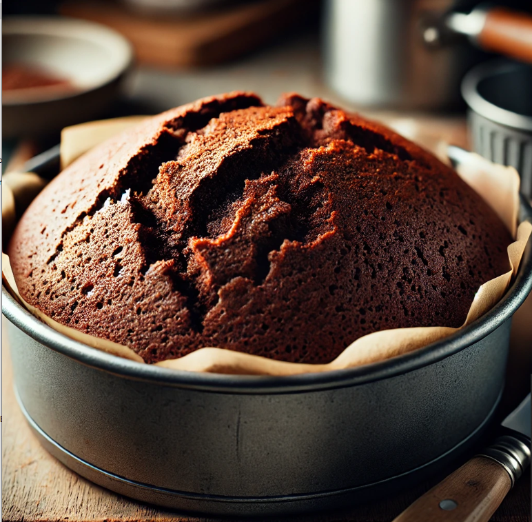 Freshly baked chocolate pound cake cooling on a wire rack, showing the golden-brown crust