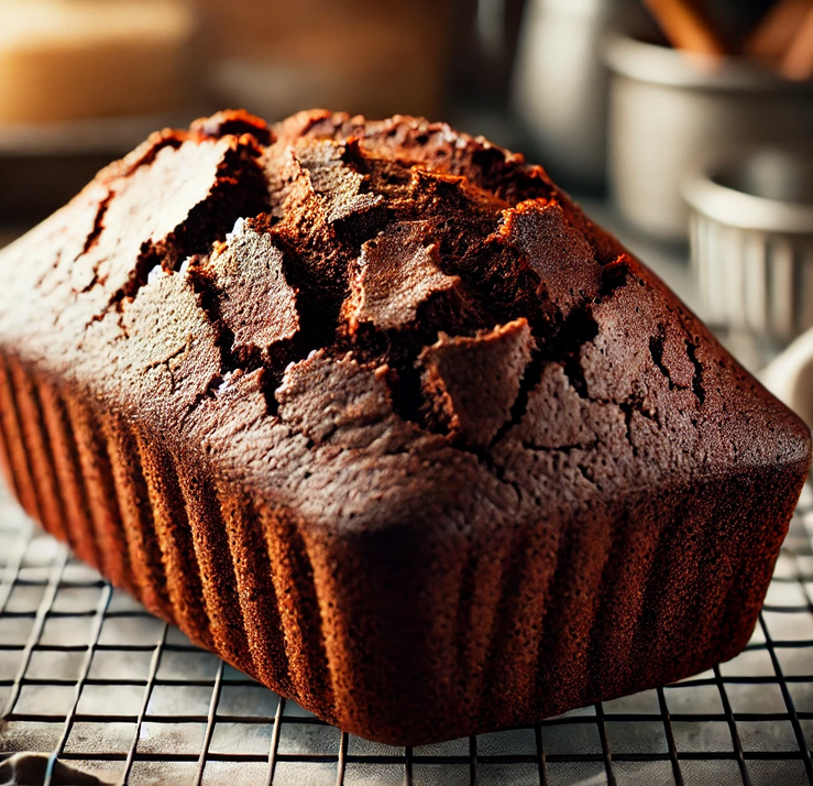 Freshly baked chocolate pound cake cooling on a wire rack, showing the golden-brown crust