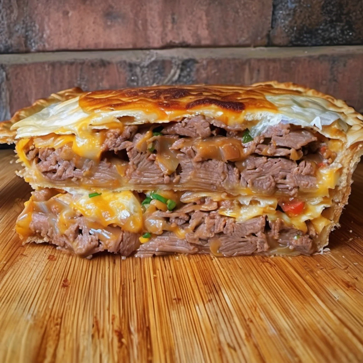 Golden brown spicy beef pie with jalapeños and melted cheese filling, ready to be served