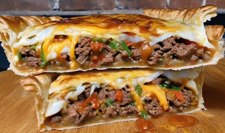 Golden brown spicy beef pie with jalapeños and melted cheese filling, ready to be served