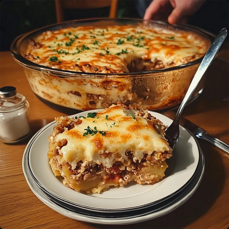 Baked Stellini pasta casserole topped with golden mozzarella cheese, fresh out of the oven